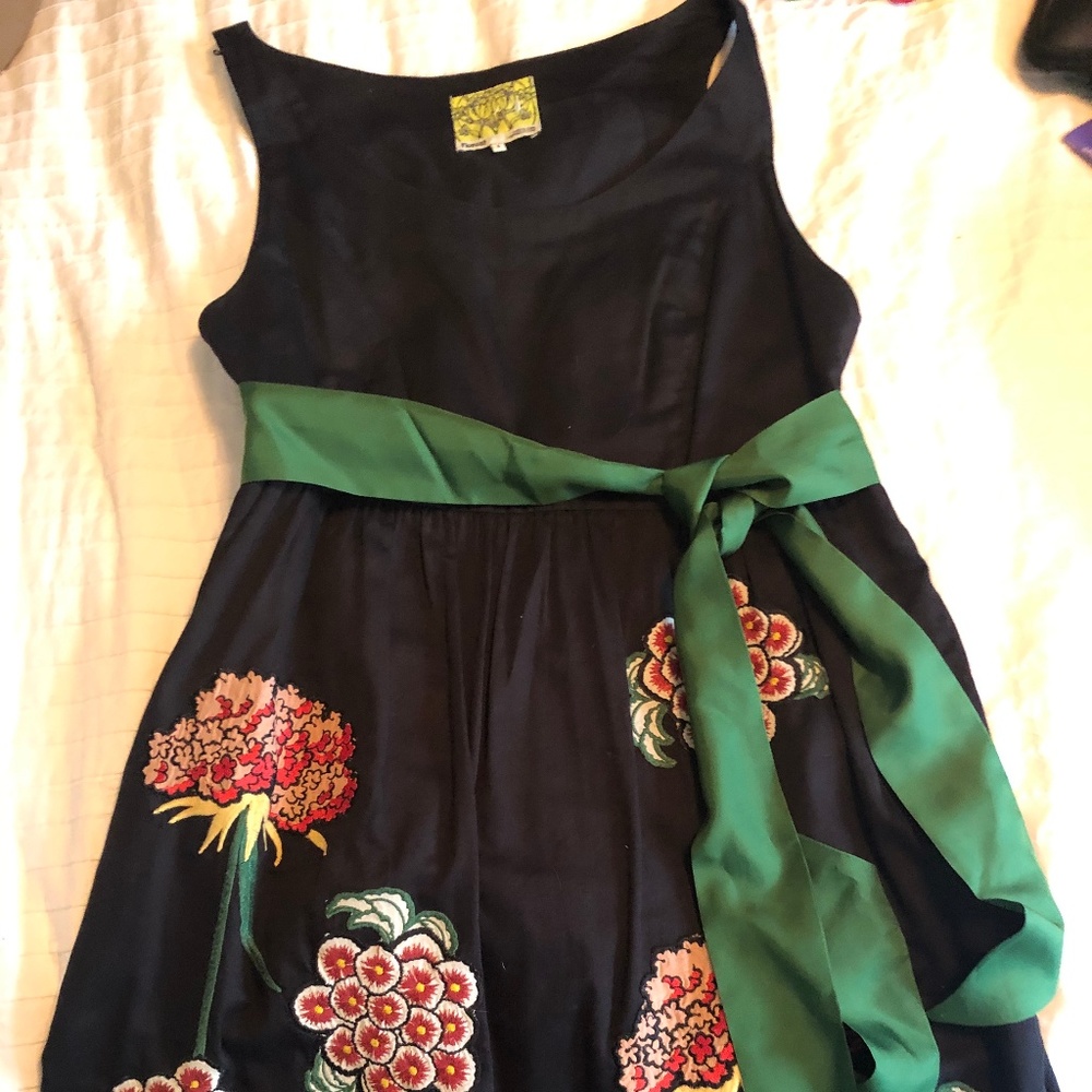 Anthro Embroidered dress with green belt